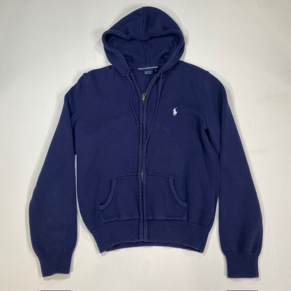 Ralph Lauren Sport Navy Blue Knit Full Zip Hoodie Cotton Sweater Womens Large